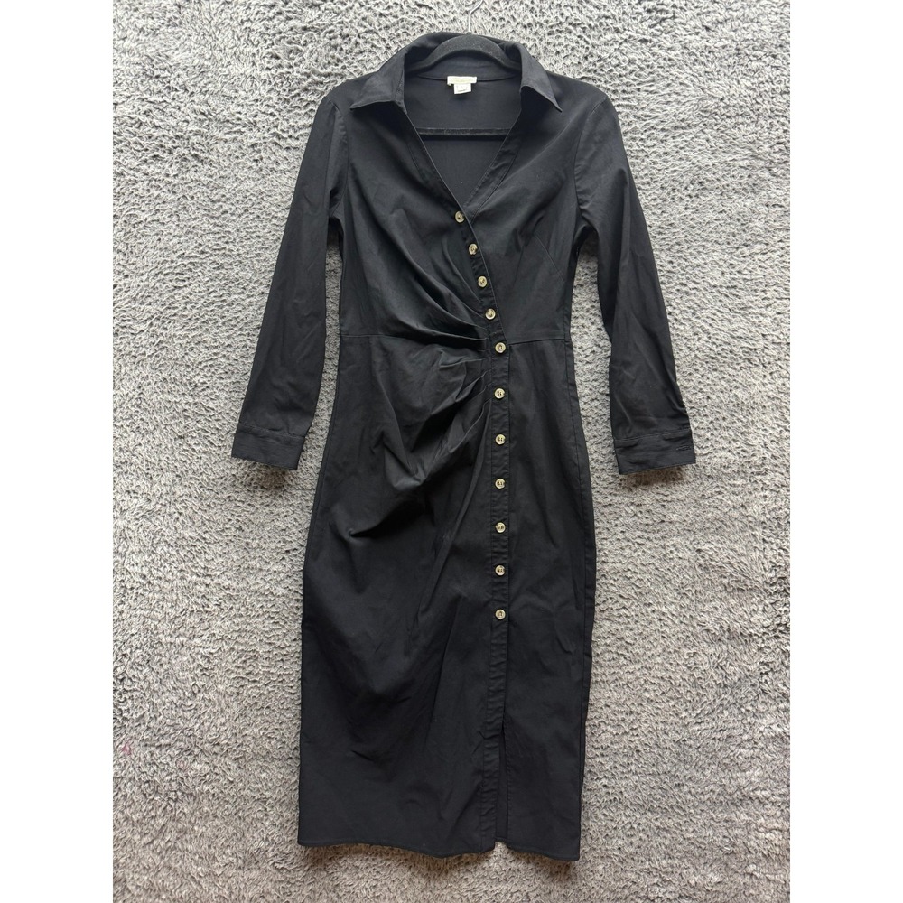 Shoshanna Log Sleeve V-Neck Button-Front James Midi Dress Black Womens‎ Size 6